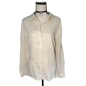 H&M 100% Linen Button Up Shirt Beige Tan Long Sleeve Collared Top Size Large